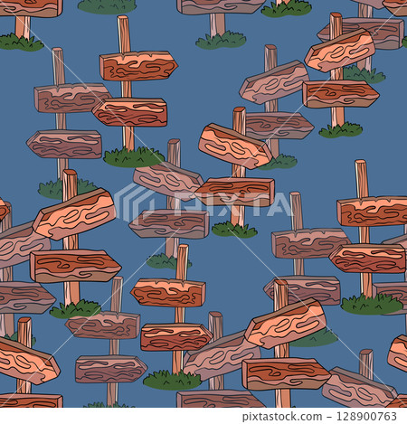 Seamless pattern with hand drawn road signs. Wooden signs with arrows. Nice design. Cartoon vector illustration for fabris, textile 128900763