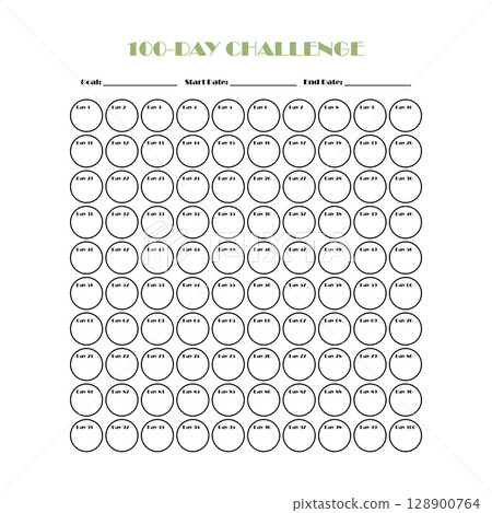 100 Day challenge calendar and goal Planner. Daily tracker with motivation word and goals. Plan your day make dream happen. Habit Tracker. Minimalist simple planner 128900764