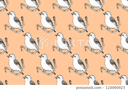 Seamless pattern with funny birds, flowers, leaves. Flat vector illustration with cartoon bird silhouette. Cute characters. Design for invitation, poster, card, textile, fabric 128900923