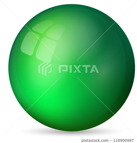 Glass green ball or precious pearl. Glossy realistic ball, 3D abstract vector illustration highlighted on a white background. Big metal bubble with shadow Glass green ball or precious pearl. Glossy realistic ball, 3D abstract vector illustration highlighted on a white background. Big metal bubble with shadow 128900997