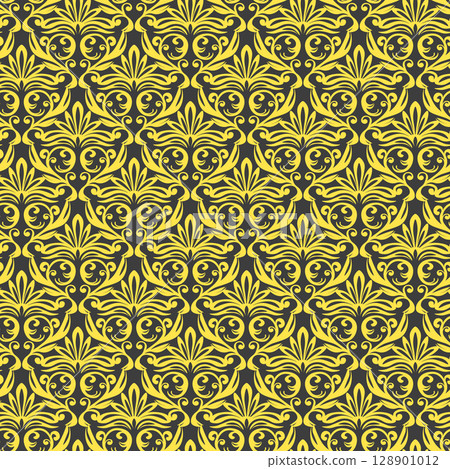 Seamless vintage pattern with curls. Wallpaper in the style of Baroque. Floral ornament. Ethnic tribal background. Vector illustration, template design for cloth, packaging, card, fabric 128901012