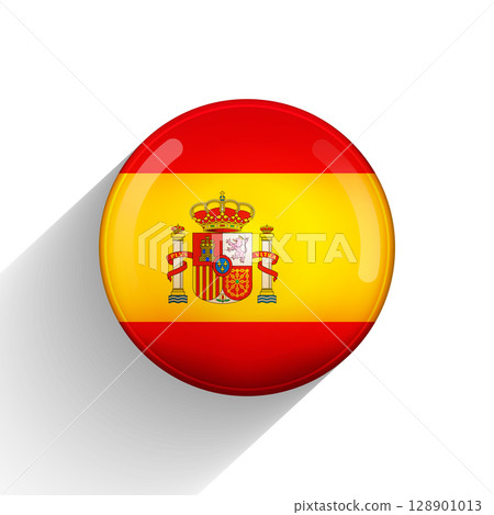 Glass light ball with flag of Spain. Round sphere, template icon. Spanish national symbol. Glossy realistic ball, 3D abstract vector illustration highlighted on a white background. Big bubble 128901013