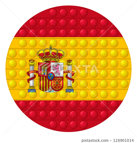 Glass light ball with flag of Spain. Round sphere, template icon. Spanish national symbol. Glossy realistic ball, 3D abstract vector illustration highlighted on a white background. Big bubble 128901014