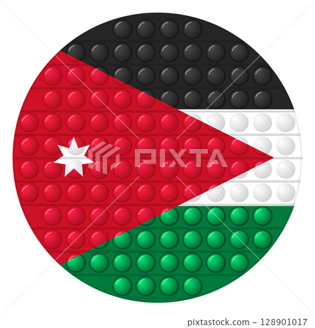 Glass light ball with flag of Jordan. Round sphere, template icon. National symbol. Glossy realistic ball, 3D vector illustration. Trendy antistress game pop it, simple dimple. Big bubble 128901017