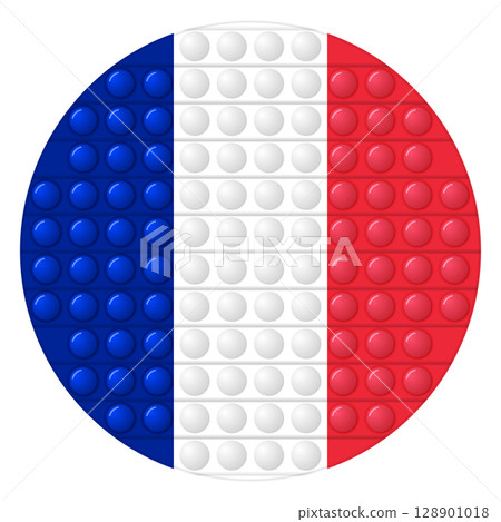 Glass light ball with flag of France. Round sphere, template icon. French national symbol. Glossy realistic ball, 3D vector illustration. Trendy antistress game pop it, simple dimple. Big bubble 128901018