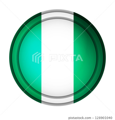 Glass light ball with flag of Nigeria. Round sphere, template icon. Nigerian national symbol. Glossy realistic ball, 3D abstract vector illustration highlighted on a white background. Big bubble 128901040