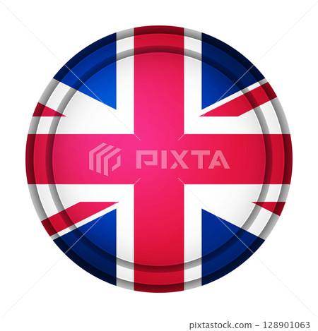 Glass light ball with flag of United Kingdom. Round sphere, template icon. English national symbol. Glossy realistic ball, 3D abstract vector illustration highlighted on a white background. Big bubble 128901063
