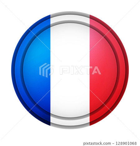 Glass light ball with flag of France. Round sphere, template icon. French national symbol. Glossy realistic ball, 3D abstract vector illustration highlighted on a white background. Big bubble 128901068