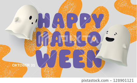 Cute horizontal Halloween poster with two flying 3D ghosts and bold Happy Halloween lettering on a light pastel background. Bright, festive, and fun design for seasonal use. Vector 128901121
