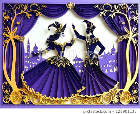 Illustration of men and women dancing in a glamorous quilling masquerade Illustration of men and women dancing in a glamorous quilling masquerade 128901135