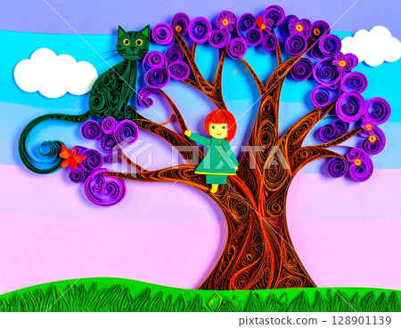 Illustration of the mysterious world of a girl sitting on a quilling tree and the Cheshire Cat 128901139