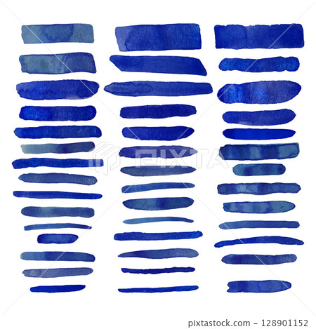 Blue watercolor brush strokes. Abstract grunge color paint textures. Banner art collection. Multicolored aquarelle stains border template 128901152