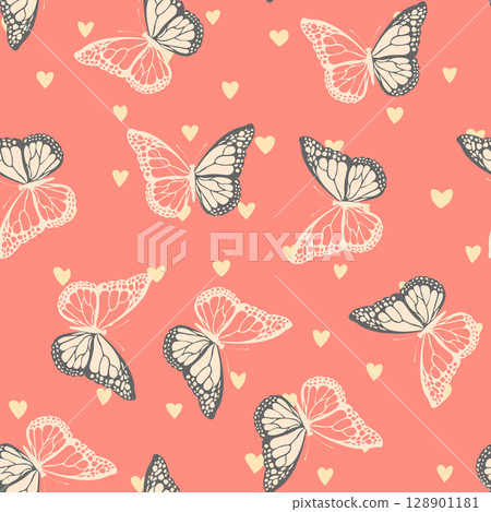 Seamless pattern with funny colorful Butterflies, flowers. Color flat vector illustration for invitation, poster, card, textile, fabric. Butterfly graphic design print. Trendy animal motif wallpaper 128901181
