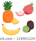 Set of ripe juicy fruits. Kiwi, banana, pineapple, pitaya. Vector illustration is isolated on a white background. 128901220