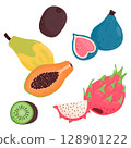 Set of ripe juicy fruits. Pattaya, kiwi, pitaya, fig. Vector illustration is isolated on a white background. 128901222