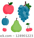 Set of ripe juicy fruits. Apple, pear, grape, plum, cherry. Vector illustration is isolated on a white background. 128901223
