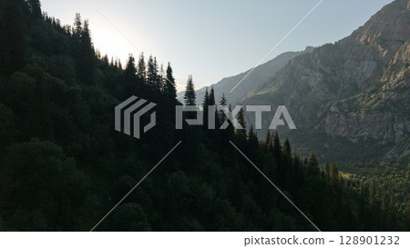 Sun rising over majestic mountain valley with lush green forest 128901232
