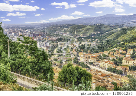 Panoramic view over the city of Cosenza and the Crathis River, Italy 128901285