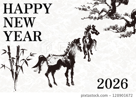 2026 Year of the Horse New Year's card template Hand-drawn illustration of the zodiac sign of the horse 128901672