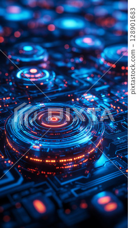 Futuristic circuit board with glowing elements and patterns 128901683