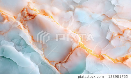 Translucent marble texture with soft colors and golden veins 128901765