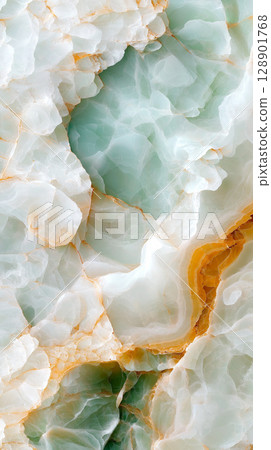 Translucent green and white agate stone with golden veins 128901768