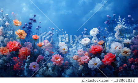 Vivid floral meadow under serene blue sky, vibrant and dreamy 128901838