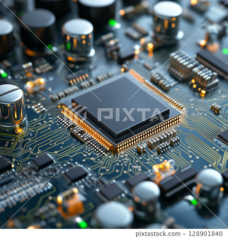 Close up of microchip on circuit board with glowing details Close up of microchip on circuit board with glowing details 128901840