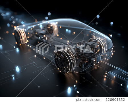 CG image of the wireframe skeleton of the main parts and wiring of an EV vehicle 128901852