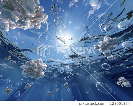 Illustration of looking up at the sun from underwater 128901854