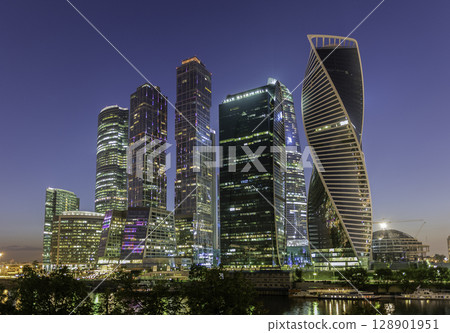 Scenic night view of Moscow City International Business Center, Russia 128901951