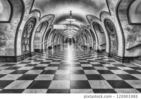 Interior of Novoslobodskaya subway station in Moscow, Russia 128901988