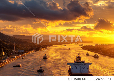 Cargo ships navigating the panama canal at sunset 128902073