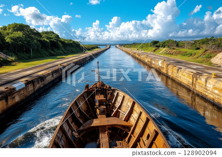 Old ship navigating the panama canal under a cloudy sky 128902094