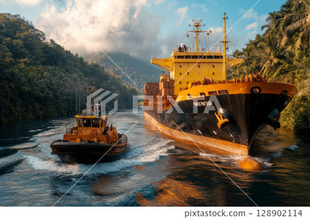 Tugboat escorting large cargo ship through the panama canal 128902114