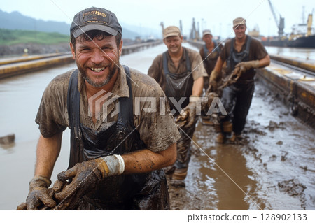 Smiling canal workers pulling chain in mud at panama canal Smiling canal workers pulling chain in mud at panama canal 128902133
