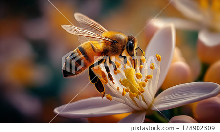 Macro shot of a honeybee resting on a flower 128902309