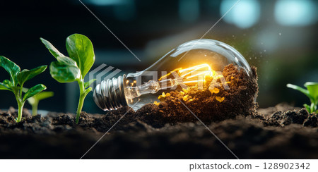 Light bulb illuminating growing plants in fertile soil symbolizing green energy and environmental conservation 128902342