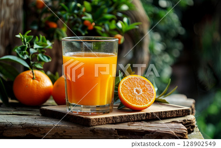 a glass of orange juice next to a half of an orange. generative ai 128902549