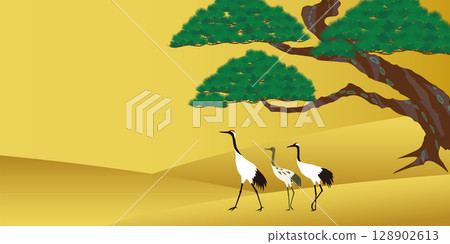 Background illustration of a Japanese lucky charm, a parent and child red-crowned crane and an old pine tree. 128902613