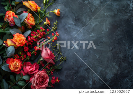 top view of composition of different bright flowers on black background.ai generative 128902667