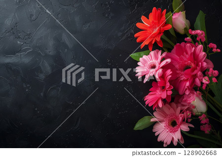 top view of composition of different bright flowers on black background.ai generative top view of composition of different bright flowers on black background.ai generative 128902668