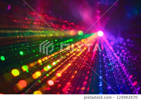 abstract rainbow color glowing parallel lines on dark background, generative ai 128902670