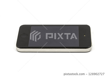 Modern smartphone with blank black screen, isolated on white background 128902727