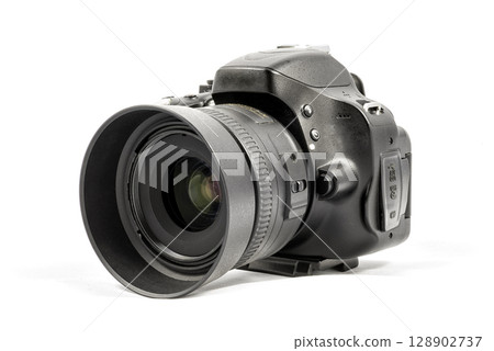 Black unbranded DSLR camera isolated on white background Black unbranded DSLR camera isolated on white background 128902737