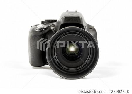 Black unbranded DSLR camera isolated on white background Black unbranded DSLR camera isolated on white background 128902738