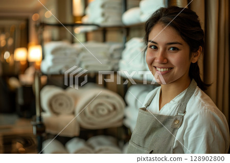 a housekeeping woman with cart commonly seen in hotels, stocked with towels and cleaning supplies. ai generative 128902800