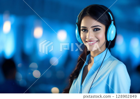 Indian Female customer support Agent phone operator in headset . AI Generated 128902849