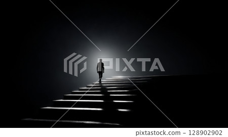 一位商人爬樓梯去點亮的剪影 128902902