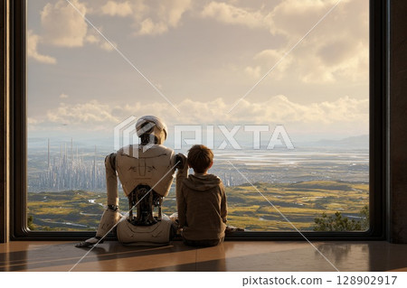 A window view of a robot and a boy looking at a futuristic city A window view of a robot and a boy looking at a futuristic city 128902917